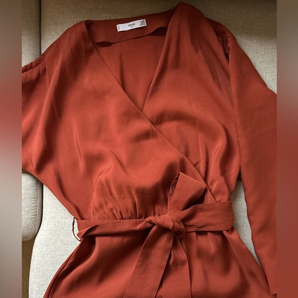 Mango Rust Wrap Midi Dress Long Sleeve Belted — Size S - Picture 4 of 14
